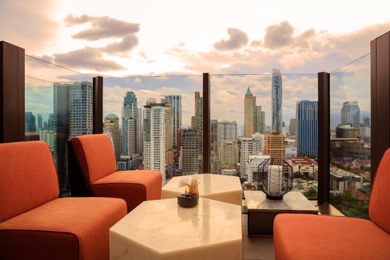 Modern hotel lobby with city view